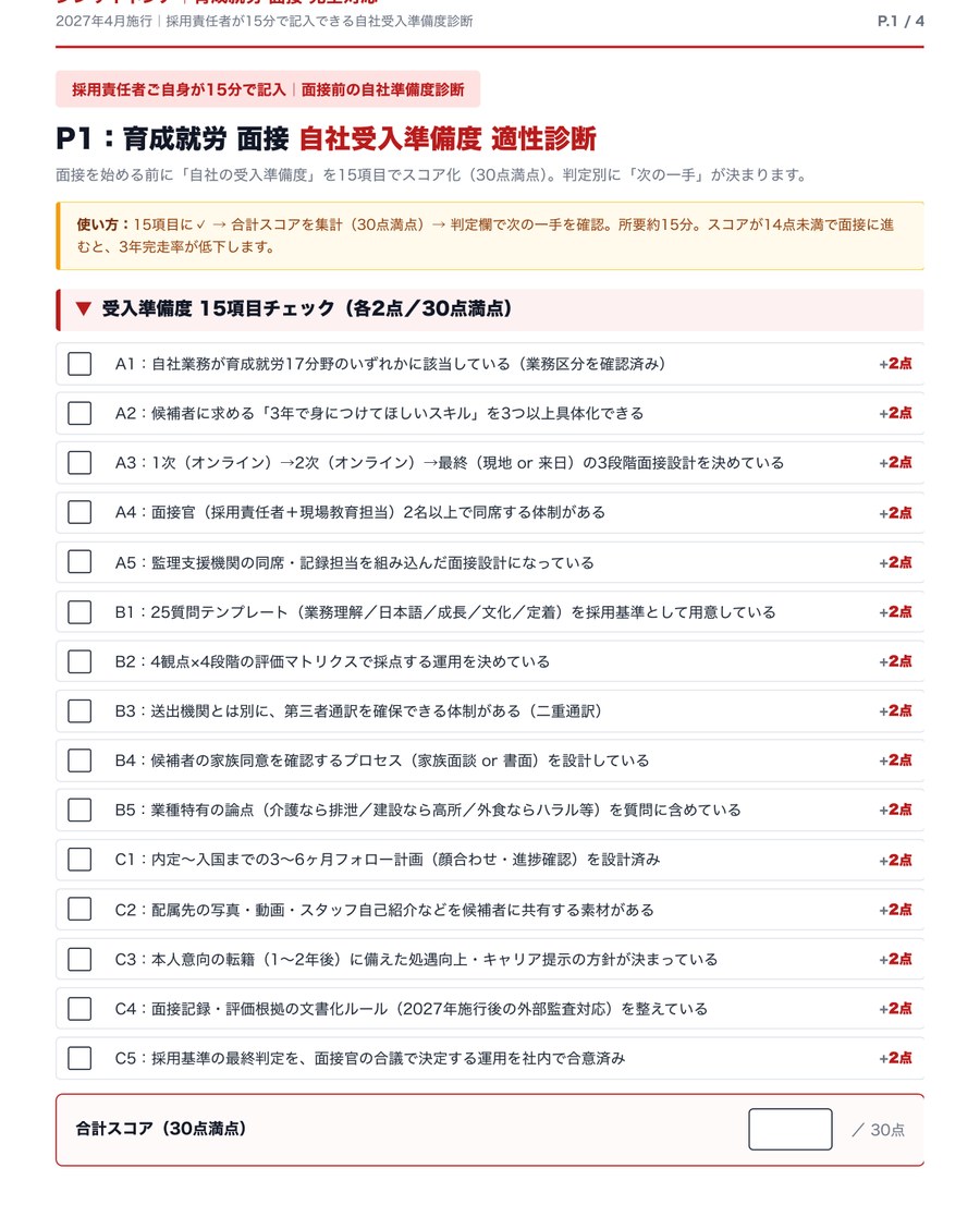 P.1 受入準備度 適性診断15項目チェック＋スコア集計